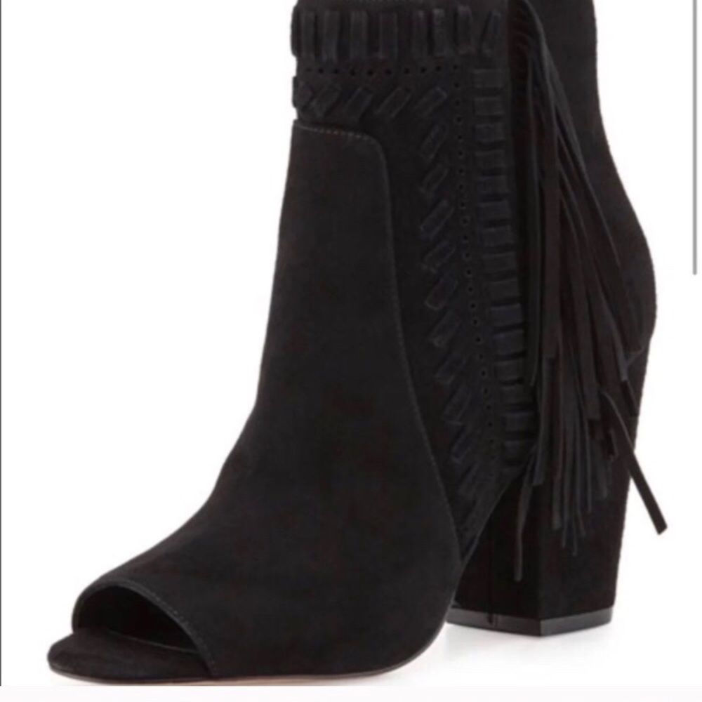 Rebecca Minkoff Iris Fringe Open Toe Bootie (Black)